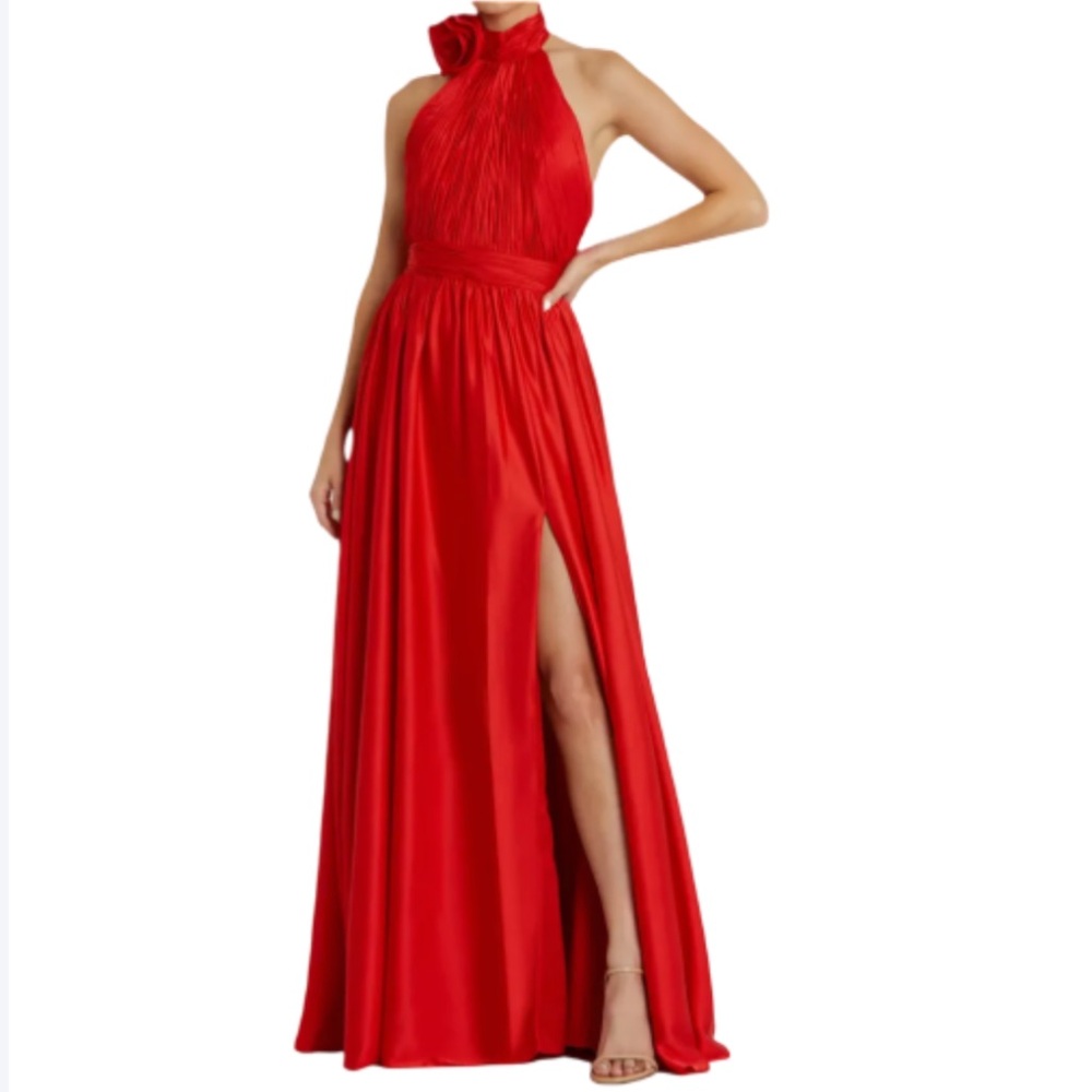 Mac Duggal Red Halter Maxi Gown with High Slit